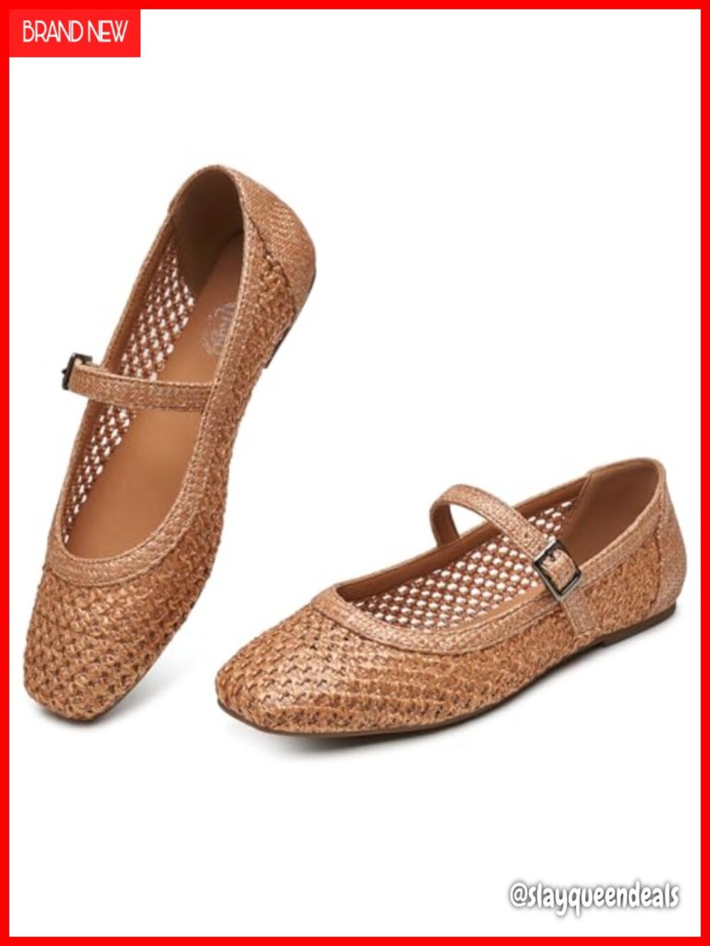 Woven Mary Jane Flats Square Toe Adjustable Buckle Comfort Shoes